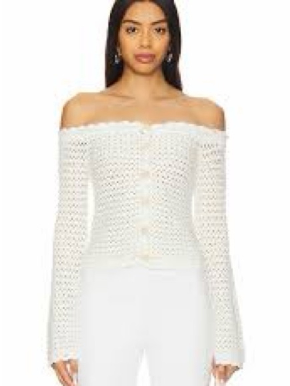 MAJORELLE White Off-Shoulder Crochet Button Sweater